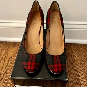 JCREW Red + Grey Tartan Heels 9.5